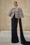 Buy_Pankaj & Nidhi_Black Georgette V-neck Serene Majesty Pre-draped Saree Set With Cape _at_Aza_Fashions