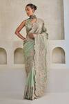 Buy_Pankaj & Nidhi_Green Silk, Georgette Embroidery V-neck Emerald Tide Elegance Saree With Blouse _at_Aza_Fashions