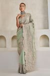 Pankaj & Nidhi_Green Silk, Georgette Embroidery V-neck Emerald Tide Elegance Saree With Blouse _Online_at_Aza_Fashions