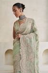 Buy_Pankaj & Nidhi_Green Silk, Georgette Embroidery V-neck Emerald Tide Elegance Saree With Blouse _Online_at_Aza_Fashions