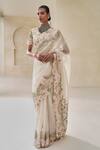 Buy_Pankaj & Nidhi_Ivory Silk Organza Embroidery, Metallic Almera Amber Bloom Saree With Blouse _at_Aza_Fashions