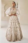 Buy_Pankaj & Nidhi_Ivory Tulle, Silk Organza Embroidery, Cornus Grove Hand Embellished Lehenga Set _at_Aza_Fashions