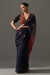 Buy_Medha_Blue Silk Organza, Cotton Mirrors, Embroidery V-neck Jharoka Saree With Blouse _at_Aza_Fashions