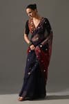 Shop_Medha_Blue Silk Organza, Cotton Mirrors, Embroidery V-neck Jharoka Saree With Blouse 