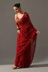 Medha_Red Chiffon, Cotton Embroidery, Mirrors, Beads Ruby Hand Saree With Blouse _Online_at_Aza_Fashions