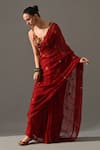 Shop_Medha_Red Chiffon, Cotton Embroidery, Mirrors, Beads Ruby Hand Saree With Blouse _Online_at_Aza_Fashions