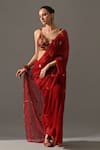 Medha_Red Chiffon, Cotton Embroidery, Mirrors, Beads Ruby Hand Saree With Blouse _at_Aza_Fashions