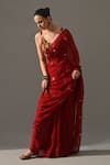 Medha_Red Chiffon, Cotton Embroidery, Mirrors, Beads Ruby Hand Saree With Blouse _Online