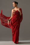 Buy_Medha_Red Chiffon, Cotton Embroidery, Mirrors, Beads Ruby Hand Saree With Blouse _Online