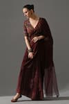 Buy_Medha_Brown Chiffon, Silk Organza, Brocade Metallic Thread, Cola Saree With Blouse _at_Aza_Fashions