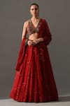 Buy_Medha_Red Cotton, Chiffon Embroidery, Sequins, Beads V-neck Gulab Hand Lehenga Set _at_Aza_Fashions