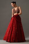 Shop_Medha_Red Cotton, Chiffon Embroidery, Sequins, Beads V-neck Gulab Hand Lehenga Set _Online_at_Aza_Fashions
