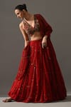 Medha_Red Cotton, Chiffon Embroidery, Sequins, Beads V-neck Gulab Hand Lehenga Set _at_Aza_Fashions