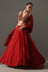 Buy_Medha_Red Cotton, Chiffon Embroidery, Sequins, Beads V-neck Gulab Hand Lehenga Set 