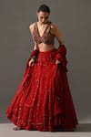 Shop_Medha_Red Cotton, Chiffon Embroidery, Sequins, Beads V-neck Gulab Hand Lehenga Set 