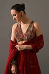 Medha_Red Cotton, Chiffon Embroidery, Sequins, Beads V-neck Gulab Hand Lehenga Set _Online
