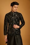 Buy_Siddartha Tytler_Black Dupion, Polyester, Silk Sequins Floral Work Bundi Set _Online_at_Aza_Fashions