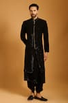 Buy_Siddartha Tytler_Black Microfiber Crystals Work Zipper Sherwani Set _at_Aza_Fashions