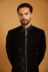Shop_Siddartha Tytler_Black Microfiber Crystals Work Zipper Sherwani Set _Online_at_Aza_Fashions