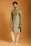 Siddartha Tytler_Green Dupion, Lampi Metallic Thread Intrecciato Woven Sherwani Set _Online_at_Aza_Fashions