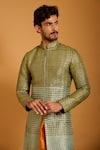Shop_Siddartha Tytler_Green Dupion, Lampi Metallic Thread Intrecciato Woven Sherwani Set _Online_at_Aza_Fashions