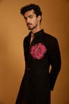 Shop_Siddartha Tytler_Black Silk, Polyester Crystals Floral Crest Patch Sherwani Set _Online_at_Aza_Fashions
