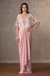 Buy_Onaya_Pink Satin Embroidery, Lace, Tassels V-, Open Cape And Draped Gown Set _at_Aza_Fashions
