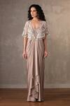 Buy_Onaya_Beige Satin Lace, Tassels V-neck Embroidered Cape And Draped Gown Set _at_Aza_Fashions