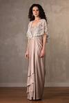 Onaya_Beige Satin Lace, Tassels V-neck Embroidered Cape And Draped Gown Set _Online_at_Aza_Fashions
