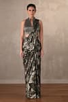 Buy_Onaya_Olive Green Foil Printing, Sequins, Beads Abstract Pattern Pre-draped Saree Set _at_Aza_Fashions