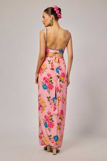 Shop_Krishna Padia_Pink Crepe Beads, Sequins, Embroidery Floral Printed Blouse And Draped Skirt Set _at_Aza_Fashions