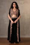 Buy_Onaya_Black Georgette Embroidery V-neck Cape And Pleated Pant Set _at_Aza_Fashions