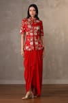 Buy_Onaya_Red Silk, Crepe Embroidery, Pearls, Floral Thread Peplum Top And Skirt Set _at_Aza_Fashions