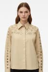 Studio Moda India_Beige Cotton Collared V-yoke Eyelet Embellished Shirt _Online_at_Aza_Fashions