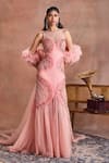 Buy Supria Munjal Pink Net Embroidery, Ruffles Round Neck Petal Curve Gown With Drape at Aza Fashions Buy_Supria Munjal_Pink Net Embroidery, Ruffles Round Neck Petal Curve Gown With Drape _at_Aza_Fashions