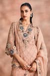 Supria Munjal_Beige Silk Organza Embroidery, Beads, Sequins V-neck Floral Lattice Kurta Set _Online_at_Aza_Fashions