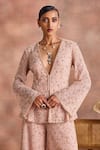 Supria Munjal_Pink Net Sequins, Beads V-neck Shimmer Jacket And Sharara Co-ord Set _Online_at_Aza_Fashions