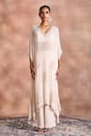 Buy_Supria Munjal_White Georgette, Satin, Modal Embroidery, Beads V-neck, Tonal Kaftan And Pant Set _Online_at_Aza_Fashions