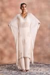Buy_Supria Munjal_White Georgette, Satin, Modal Embroidery, Beads V-neck, Tonal Kaftan And Pant Set _at_Aza_Fashions