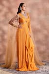 Shop_Supria Munjal_Yellow Silk, Chiffon, Net Sequins, Beads Choker Neck Fluid Draped Saree Gown _Online_at_Aza_Fashions
