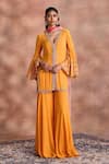 Buy_Supria Munjal_Yellow Georgette Embroidery, Sequins V-neck Bell Sleeve Kurta Palazzo Set _at_Aza_Fashions