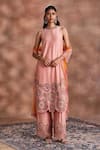 Buy_Supria Munjal_Pink Chanderi Silk Beads, Embroidery Round Neck Circular Kurta Set _at_Aza_Fashions