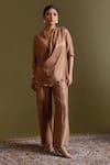 Buy_Chokhi Chorri_Beige Silk, Dupion Cowl Neck Nitya Overlap Top And Pant Set _at_Aza_Fashions
