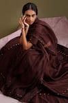 Chokhi Chorri_Brown Chanderi , Organza Studs, Embroidery, Dhwani Lehenga Set _at_Aza_Fashions