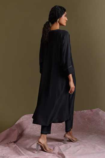 Shop_Chokhi Chorri_Black Silk Embroidery, Metallic Thread Round Kshiti Handwoven Kurta With Pant _at_Aza_Fashions