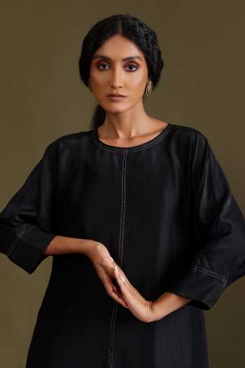 Buy_Chokhi Chorri_Black Silk Embroidery, Metallic Thread Round Kshiti Handwoven Kurta With Pant _Online_at_Aza_Fashions