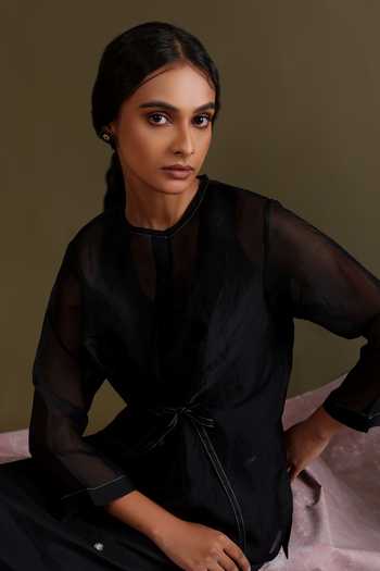 Chokhi Chorri_Black Organza, Zari, Embroidery Round Neck Saanjh Work Skirt Set _Online_at_Aza_Fashions