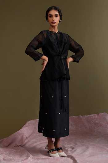 Buy_Chokhi Chorri_Black Organza, Zari, Embroidery Round Neck Saanjh Work Skirt Set _Online_at_Aza_Fashions