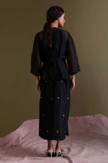 Shop_Chokhi Chorri_Black Organza, Zari, Embroidery Round Neck Saanjh Work Skirt Set _at_Aza_Fashions