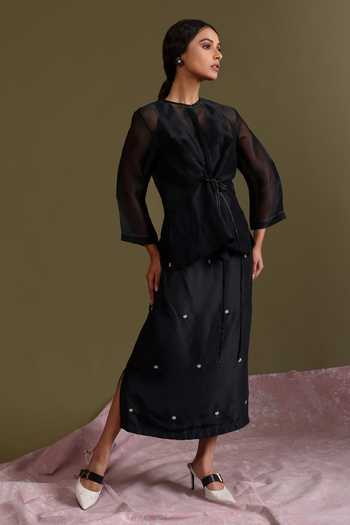 Buy_Chokhi Chorri_Black Organza, Zari, Embroidery Round Neck Saanjh Work Skirt Set _at_Aza_Fashions
